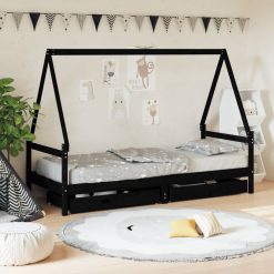 Otroški posteljni okvir s predali črn 80x200 cm trdna borovina