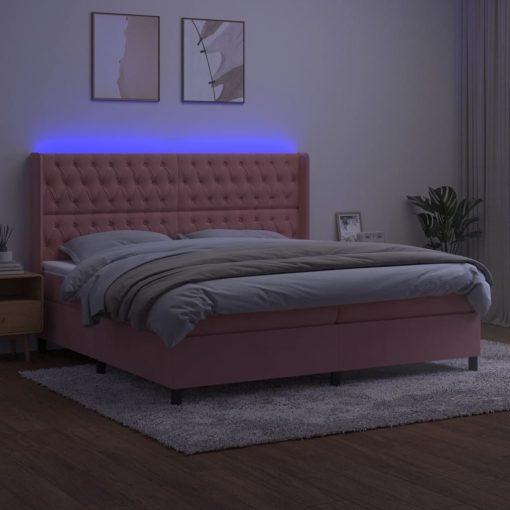 Box spring postelja z vzmetnico LED roza 200x200 cm žamet