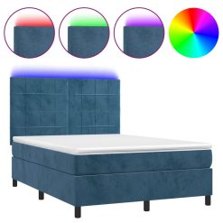 Box spring postelja z vzmetnico LED temno modra 140x200cm žamet