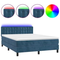 Box spring postelja z vzmetnico LED temno modra 140x200cm žamet