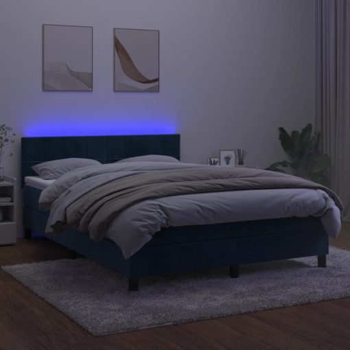 Box spring postelja z vzmetnico LED temno modra 140x200cm žamet
