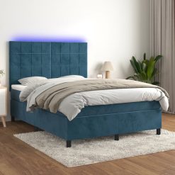 Box spring postelja z vzmetnico LED temno modra 140x200cm žamet