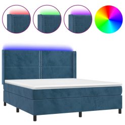 Box spring postelja z vzmetnico LED temno modra 160x200cm žamet