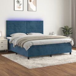 Box spring postelja z vzmetnico LED temno modra 160x200cm žamet