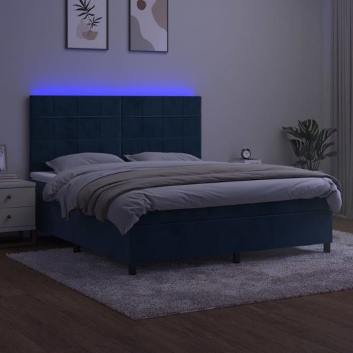 Box spring postelja z vzmetnico LED temno modra 160x200cm žamet