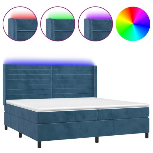 Box spring postelja z vzmetnico LED temno modra 200x200cm žamet