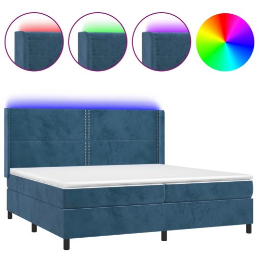 Box spring postelja z vzmetnico LED temno modra 200x200cm žamet