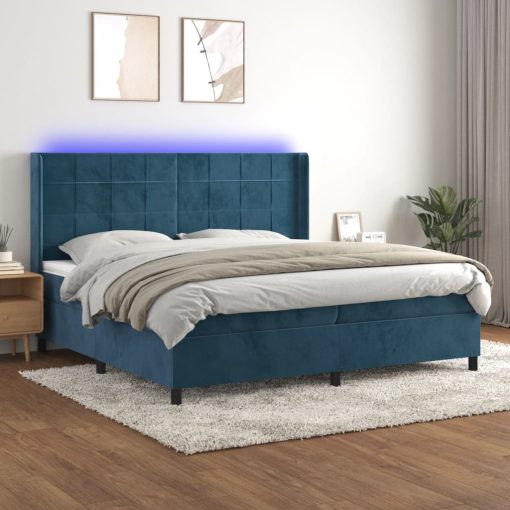 Box spring postelja z vzmetnico LED temno modra 200x200cm žamet