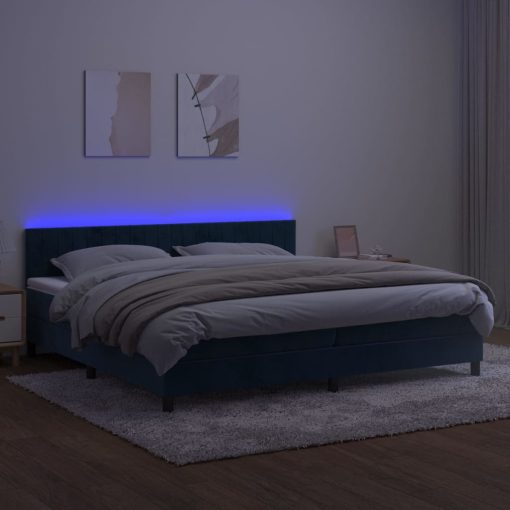 Box spring postelja z vzmetnico LED temno modra 200x200cm žamet