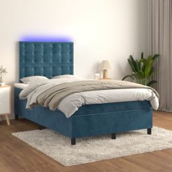 Box spring postelja z vzmetnico LED temno modra 120x200cm žamet