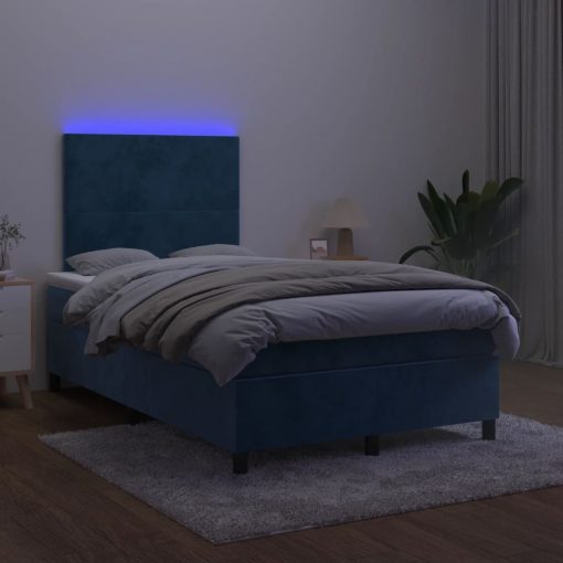 Box spring postelja z vzmetnico LED temno modra 120x200cm žamet