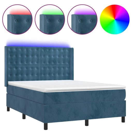 Box spring postelja z vzmetnico LED temno modra 140x200cm žamet