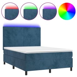 Box spring postelja z vzmetnico LED temno modra 140x200cm žamet