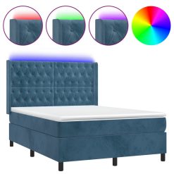 Box spring postelja z vzmetnico LED temno modra 140x200cm žamet