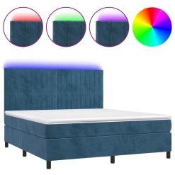 Box spring postelja z vzmetnico LED temno modra 160x200cm žamet