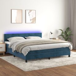 Box spring postelja z vzmetnico LED temno modra 160x200cm žamet