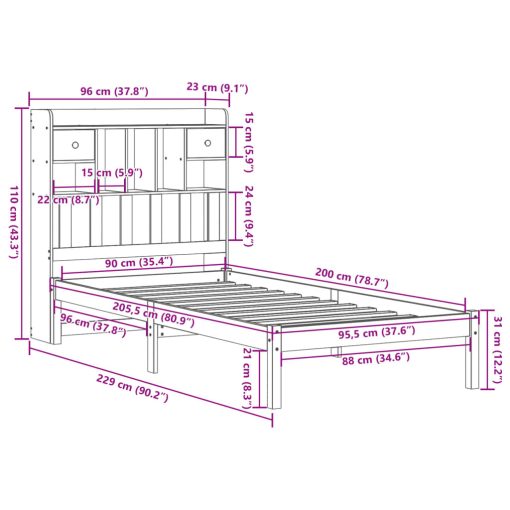 Knjižna postelja brez ležišča bela 90x200 cm trdna borovina