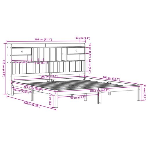 Knjižna postelja brez vzmetnice 200x200 cm trdna borovina